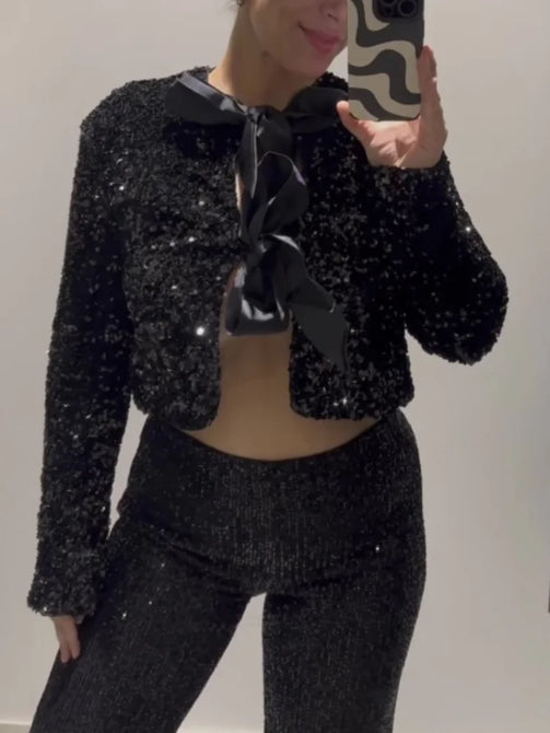 Elegant Bow Jacket for Women: Sequin Lace-Up Short Coat for Autumn and Winter