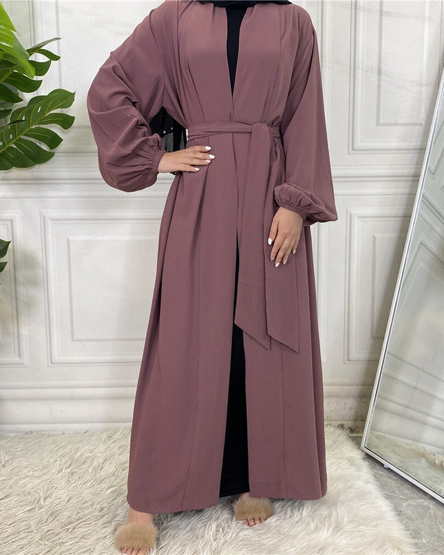 Mode Einfache Elastische Ärmel Djellaba Muslimisches Kleid Dubai Durchgehendes Weiches Abaya Dubai Türkei Muslimischer Islam Robe mit Gürtel