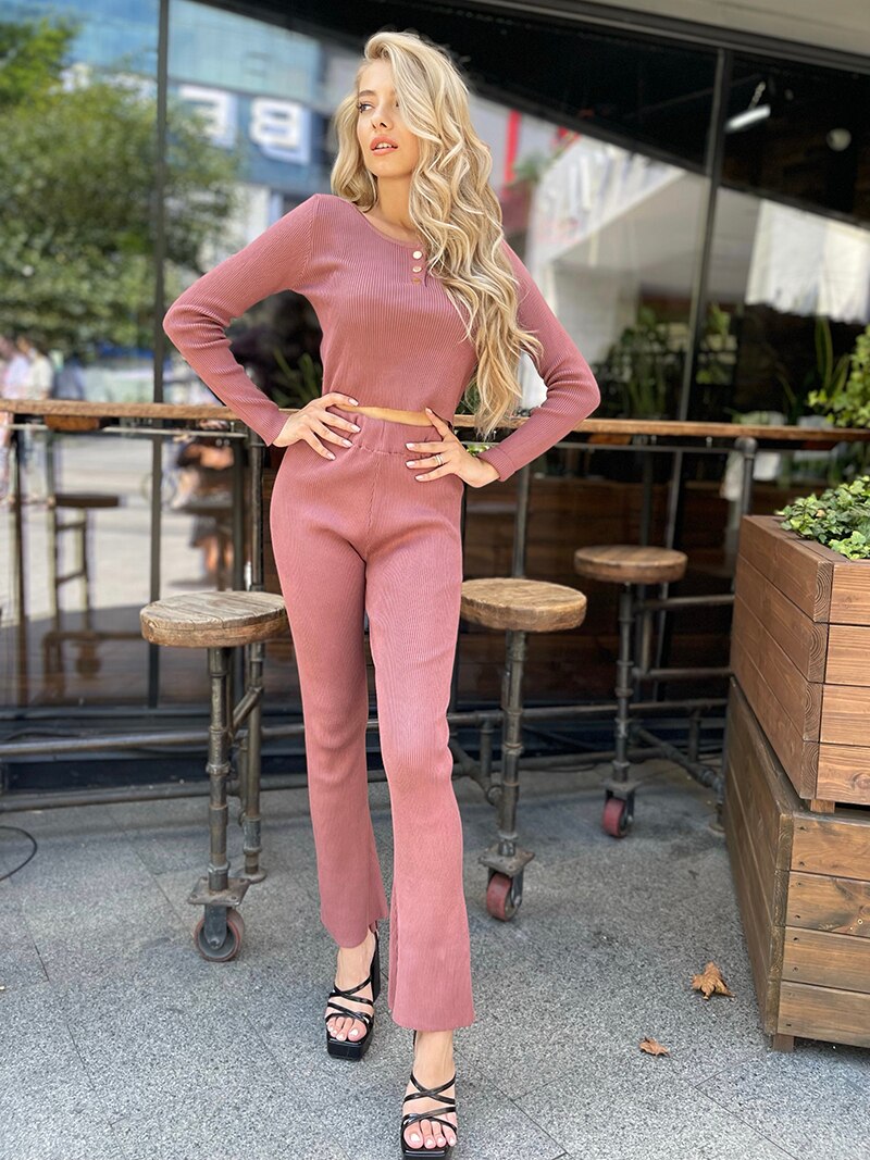 Ribbed Knit Sweater Matching Sets Long Sleeve Winter Tracksuit Knitted Two Piece Women Sets 2 Piece Knit Pants Sets For Women