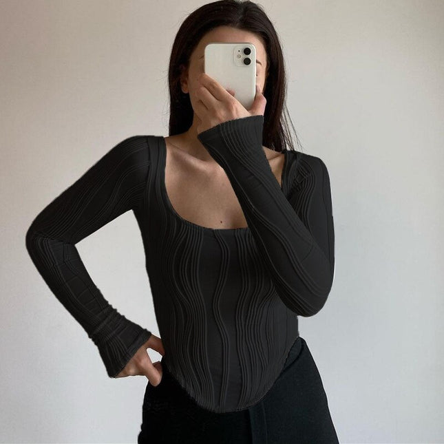 Eckiger Kragen Weiße Oberteile für Damen, Mode Outfits Herbst Lässige Falten T-Shirts Streetwear Herbst Oberteile Slim