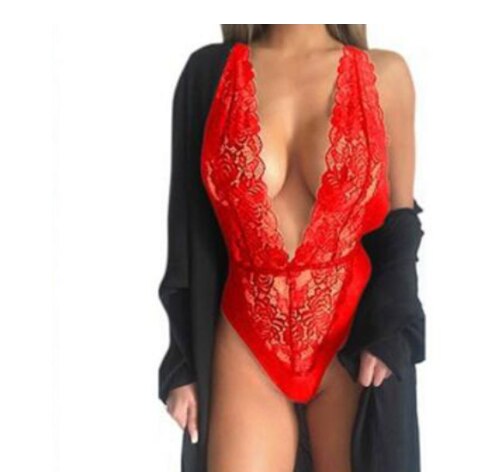 Spetsbody för kvinnor Sexig nätbody Erotisk ärmlös teddy Transparent djup V-lingerie Klänning Het erotisk underkläder