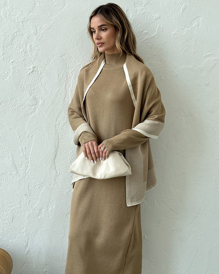 Elegant Knit Two Piece Set Black Brown Shawl Dress Women Knit Suit 2 Piece Sets Women Outfit Winter Knitted Two Piece Women Sets