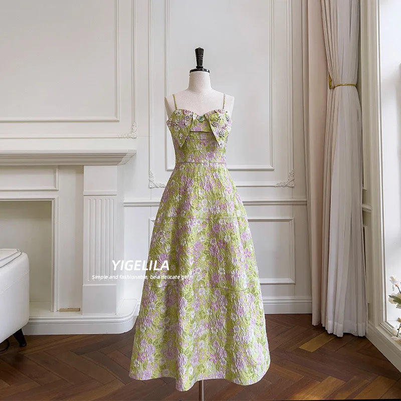 Bowknot Design 3D Jacquard Green Sling Dresses For Women Elegant High Waist Slim Evening Dress