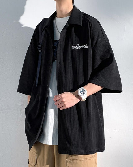 Korean Fashiosn Embroidery Shirts Black Short Sleeve Oversized Blouses Japanese Streetwear Y2k Beige Button Up Shirt