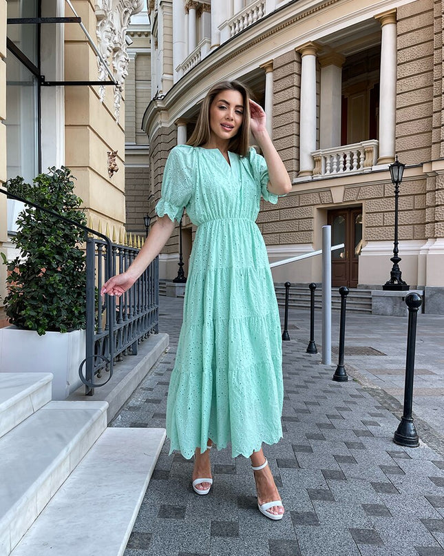 V-Ausschnitt Elegante Strandkleider Lang Damen Kurzarm Hohl Blumen Abendkleider Rüschen Sexy Maxikleid Für Damen Sommer 2023