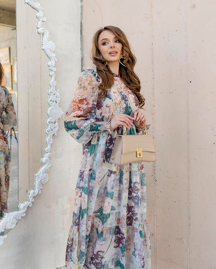 Elegantes geblümtes Langarm-Chiffon-Maxikleid Boho Rüschen Plissee Abendkleider Damen Sommer Blumen Lange Kleider für Damen