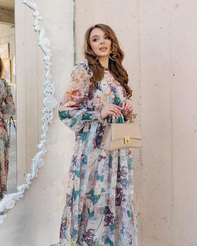 Elegantes geblümtes Langarm-Chiffon-Maxikleid Boho Rüschen Plissee Abendkleider Damen Sommer Blumen Lange Kleider für Damen
