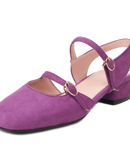 Women Sandals Square Toe Flock Double Straps Block Heels Concise Casual Daily Female Shoes