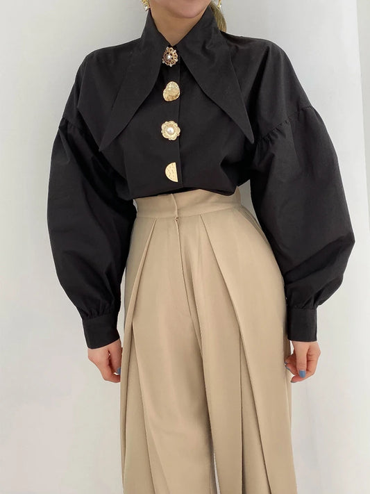 Elegant White Blouse for Women: Spring Button-Up with Pointed Collar and Long Puff Sleeves