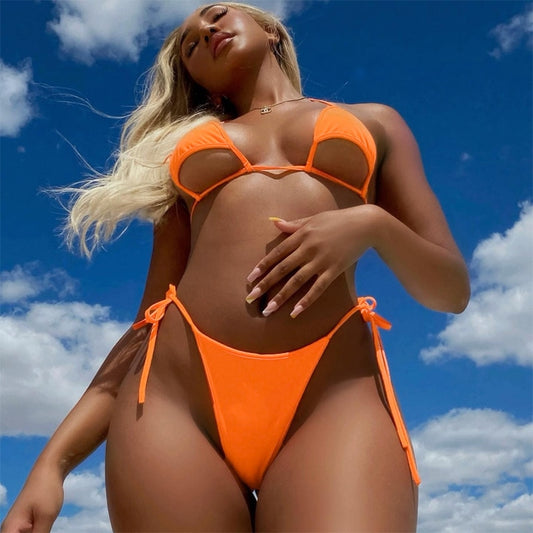 Summer Beach Holiday Sexy Cut Out Bikini Two Piece Set Fashion Outfits Lace Up Halter Swimsuit Beachwear Swimwear