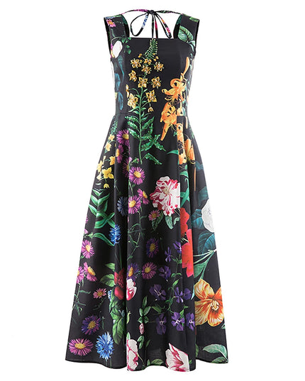 2024 Summer Square Collar Dress: High Waist, Colorblock Print, Sleeveless, for Women