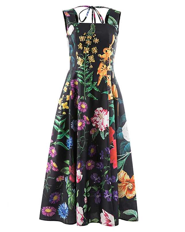 2024 Summer Square Collar Dress: High Waist, Colorblock Print, Sleeveless, for Women