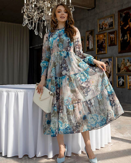 Elegantes geblümtes Langarm-Chiffon-Maxikleid Boho Rüschen Plissee Abendkleider Damen Sommer Blumen Lange Kleider für Damen