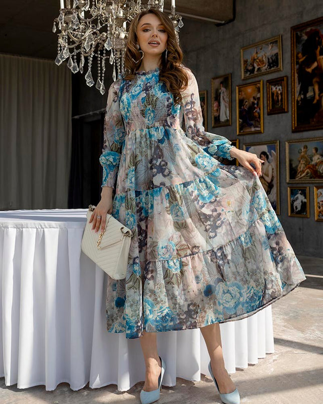 Elegantes geblümtes Langarm-Chiffon-Maxikleid Boho Rüschen Plissee Abendkleider Damen Sommer Blumen Lange Kleider für Damen