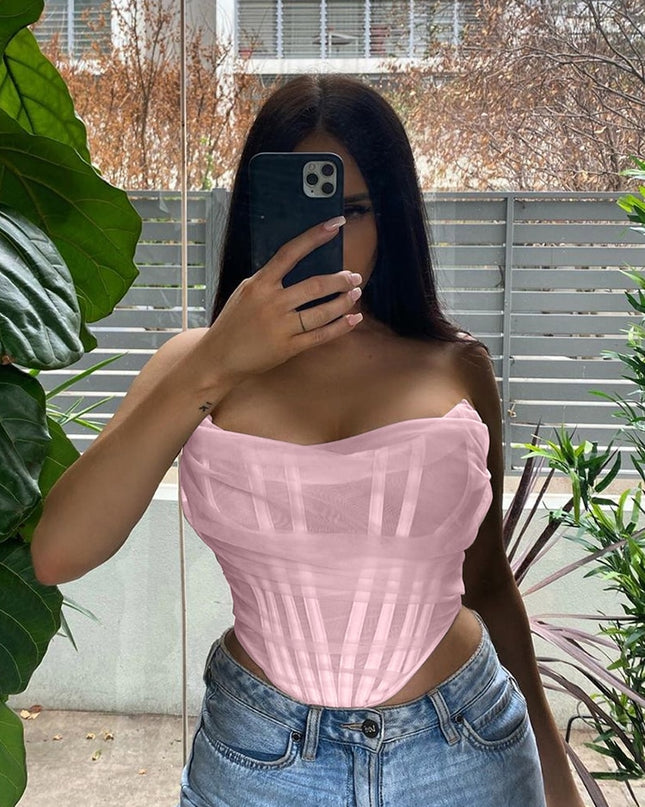 Ärmellose Mode Trägerloses Bustier Korsett Crop Tops Damen Mesh Rückenfrei Weiße Damen Tops Reißverschluss Sommer 2023
