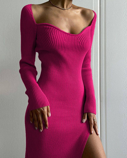 Elegantes geripptes Strickkleid mit eckigem Ausschnitt und Schlitz für Damen, Herbst-Winter-Mode, sexy Midikleider