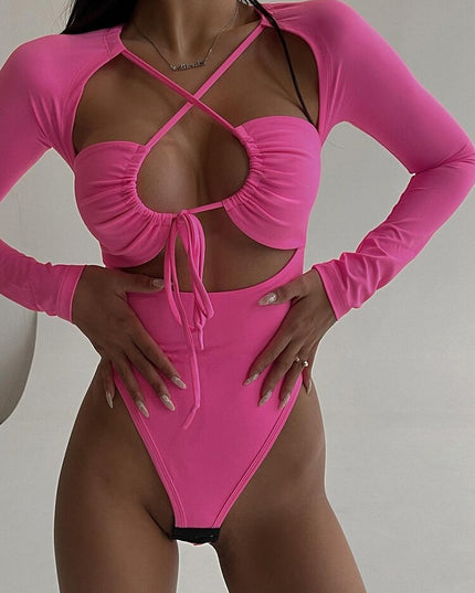 Axelbandslösa, sexiga bodys för kvinnor med utskurna detaljer och knytning framtill, långärmade toppar, enfärgade bodys med hög midja, jumpsuits