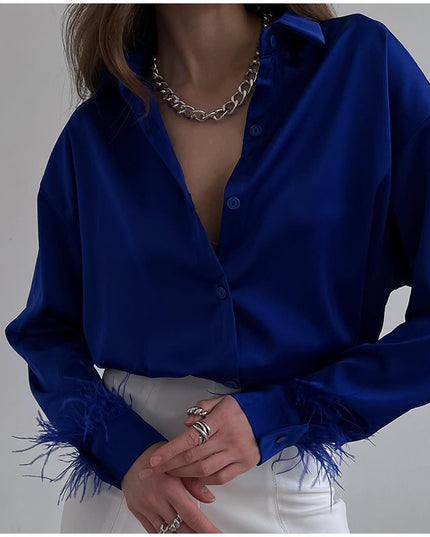 Elegante Damenblusen mit Federn, lässige modische Herbst-Oberteile, Button-Up-Satinblusen