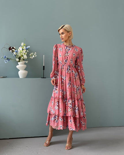 Elegante plissierte Langarm Chiffon Abendkleider Damen Rosa Blau Schwarz Weiß Floral Strand Lang Maxikleid Sommerkleid Frauen 2023