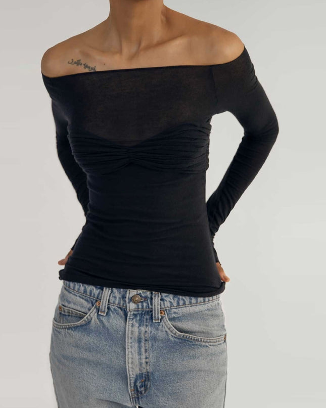 Elegante schulterfreie geraffte Strickoberteile für Damen, modische Frühling-Sommer-Langarm-Club-Party-Unifarben-T-Shirt-Kleidung