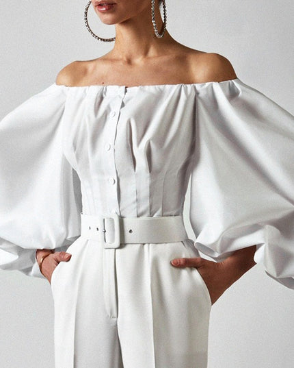 Off Shoulder Laternenärmel Sexy Damen Oberteil und Blusenhemden Knöpfbare Rückenfreie Crop Tops Mode Blusen Mujer
