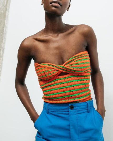 Knitted Sweaters Cut Out Sexy Strapless Crop Tops for Women Fashion Backless Striped Cropped Tanks Top Streetwear