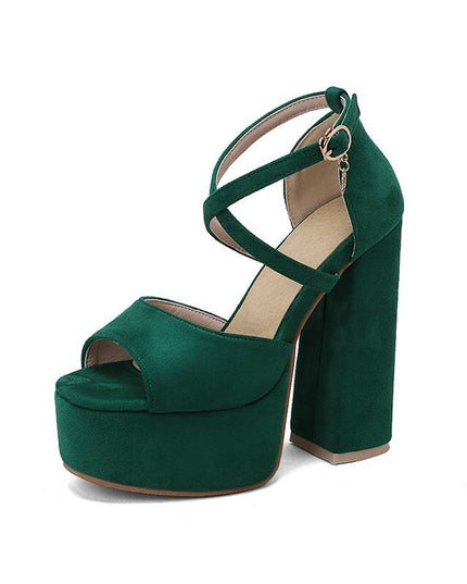 Luxry Female Sandals Peep Toe Block Heel Flock Suede Buckle Strap Sexy Party Shoes Big Size
