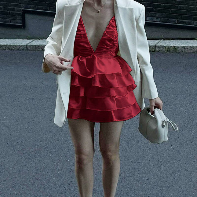 Elegant sexig rygglös födelsedagsminiklänning med volanger för damer, balklänning, aftonklänning, sommarklänning med lager, slipklänningar, vestidos