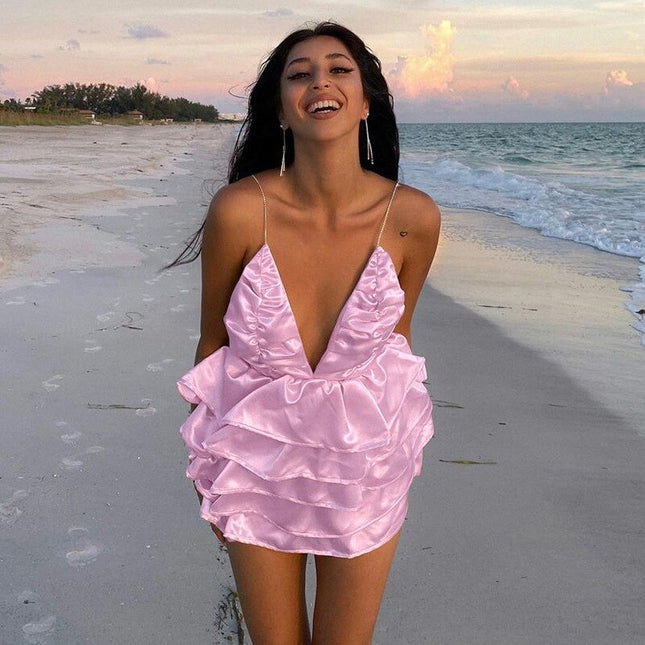 Elegant sexig rygglös födelsedagsminiklänning med volanger för damer, balklänning, aftonklänning, sommarklänning med lager, slipklänningar, vestidos