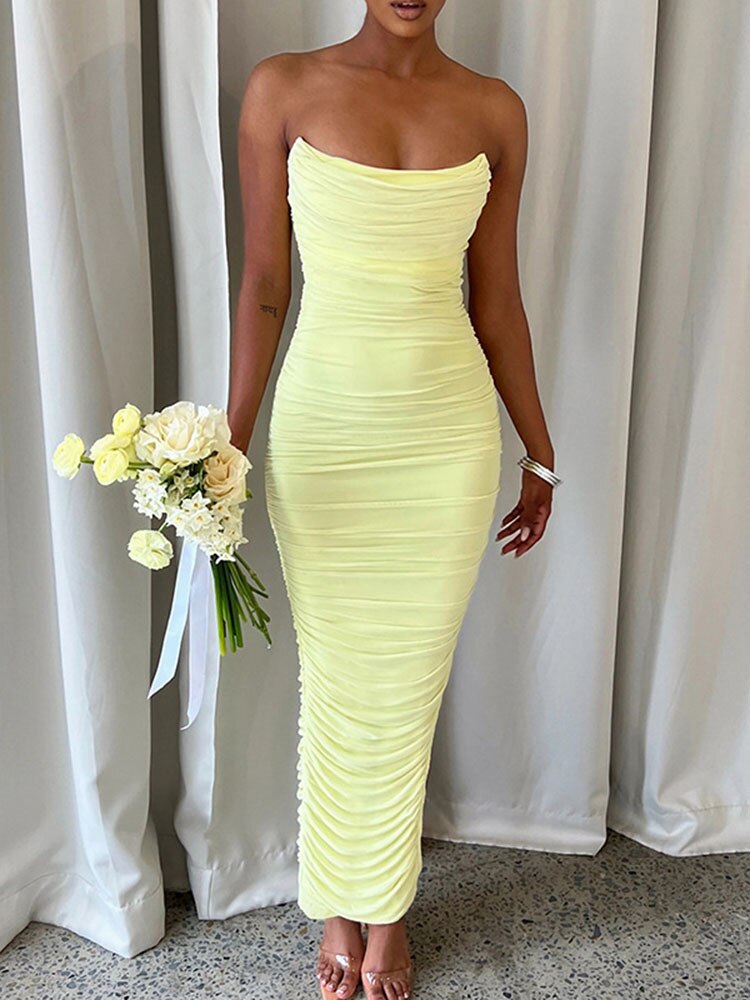 Sexy Strapless Sleeveless Ruched Bodycon Maxi Dress for Women Elegant Fashion Outfits Christmas Party Club Dresses