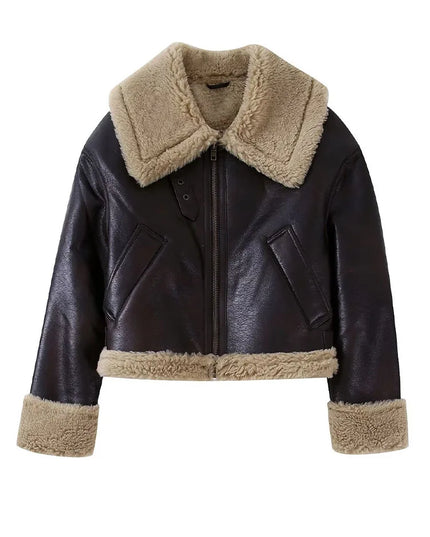 Leather Short Jacket Women Autumn Winter Fleece Moto Biker Coat Female Vintage Loose Long Sleeve Zipper Warm Thick Outwear