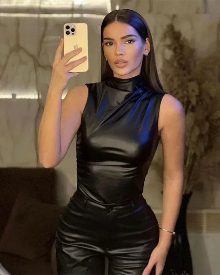 Wintermode Leder-Tanktop für Damen - Asymmetrische geraffte ärmellose Bluse
