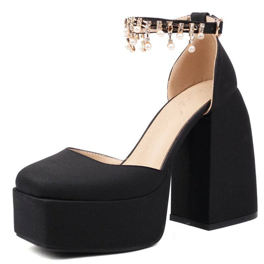 Women Sandals Square Toe Chunky Heels  Buckle Strap Beads Sexy Party Shoes Big Size