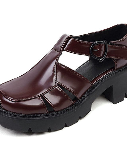 New Ladies Sandals Round Toe Thick Cover Heels Platform Buckle T-Strap Hollow Plus