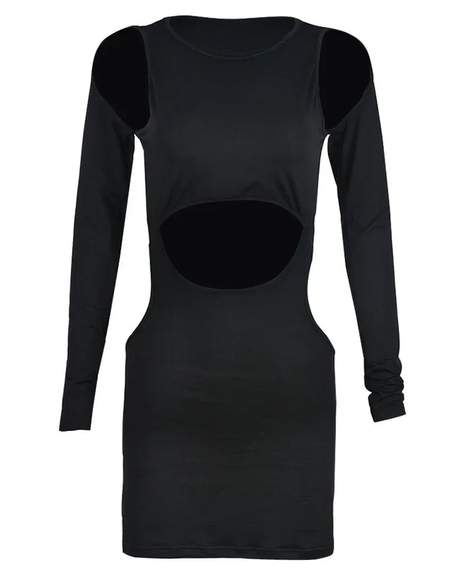 Herbstmode Schwarzes Bodycon-Kleid: Sexy, ausgehöhlt, langärmliges Minikleid für Damen
