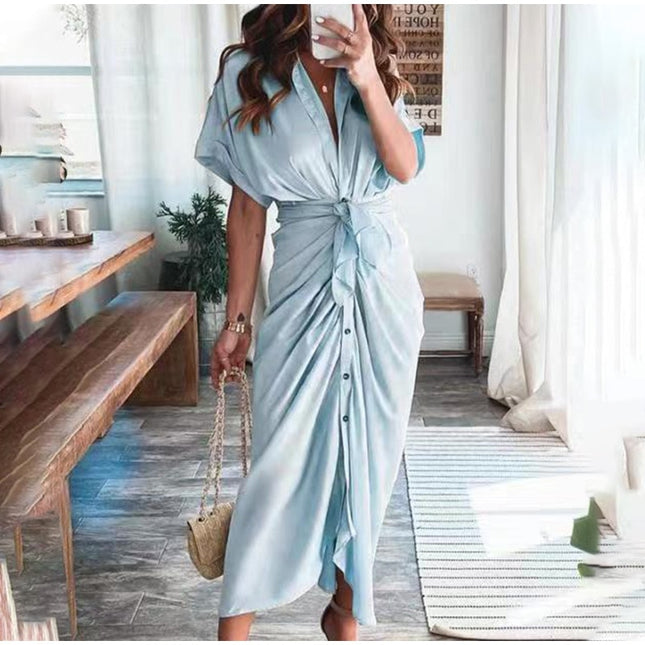 Elegante Damenkleider 2023 Sommer Mode Bedrucktes Kurzarm-Hemdkleid Vintage Taillenschnürung Knopfbandage Langes Kleid Robe