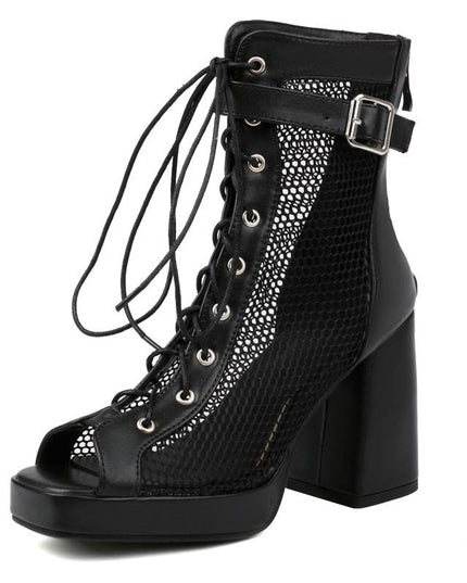 Women Gladiator Sandals Shoes Peep Toe Block Heel  Mesh Zipper Lace Up Belt Buckle Big Size