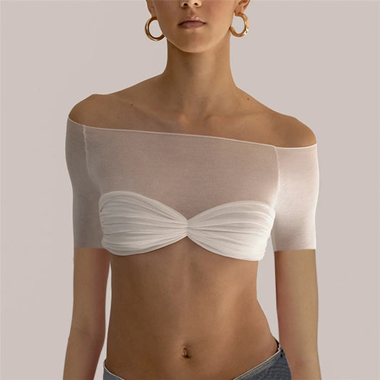 Elegant Knit Fashion Outfits See Through Women's Tops Summer Short Sleeve Off Shoulder Crop Tops Solid Streetwear