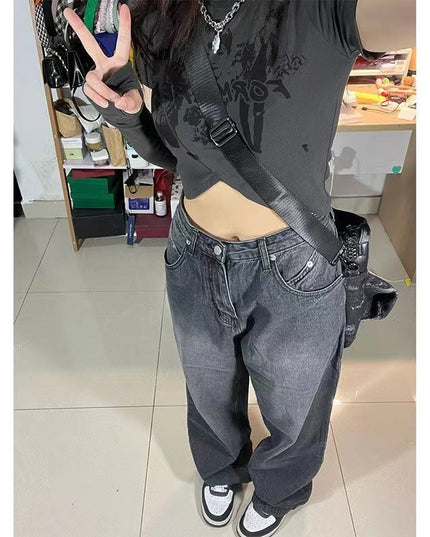 Cryptographic Irregular Fashion Denim Wide Leg Pants High Waist Jeans for Women Streetwear Harajuku Loose Long Boyfriend Jeans