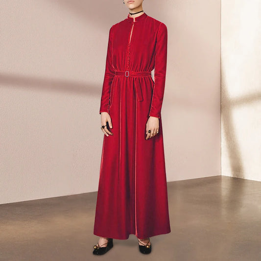 Solid Minimalist Dresses For Women Swinging Collar Long Sleeve Lace Up Design Elegant Dress Female Spring 2024 New