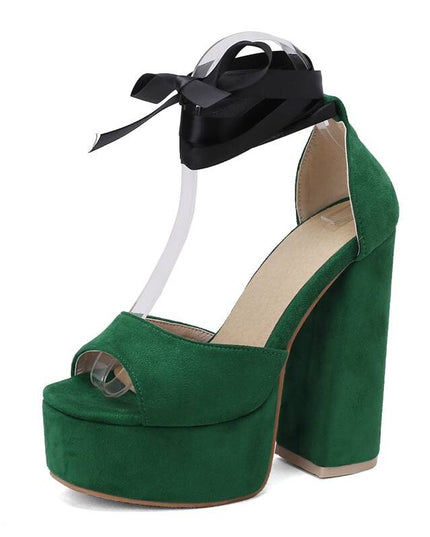 Women Sandals Peep Toe Flock Chunky Heel