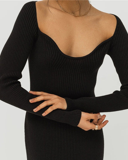 Elegantes geripptes Strickkleid mit eckigem Ausschnitt und Schlitz für Damen, Herbst-Winter-Mode, sexy Midikleider