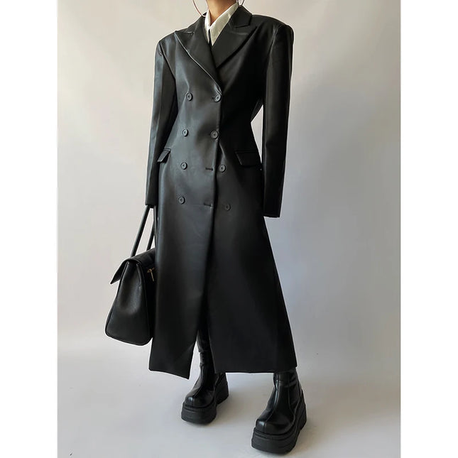 Mode Schwarz Taillenraffung Designer Blazer Ledermantel Damen Frühling Herbst 2024 Neuer mittellanger Übermantel