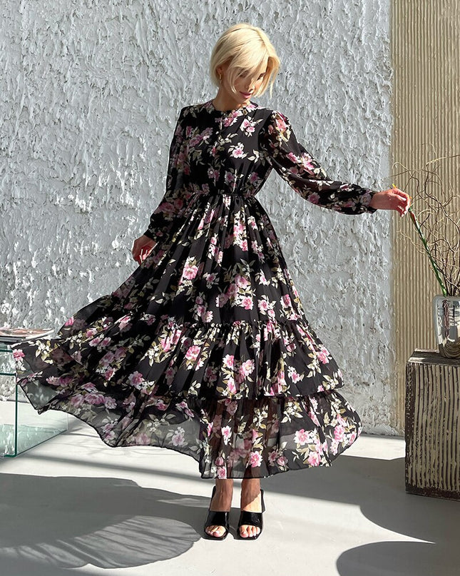 Elegante plissierte Langarm Chiffon Abendkleider Damen Rosa Blau Schwarz Weiß Floral Strand Lang Maxikleid Sommerkleid Frauen 2023