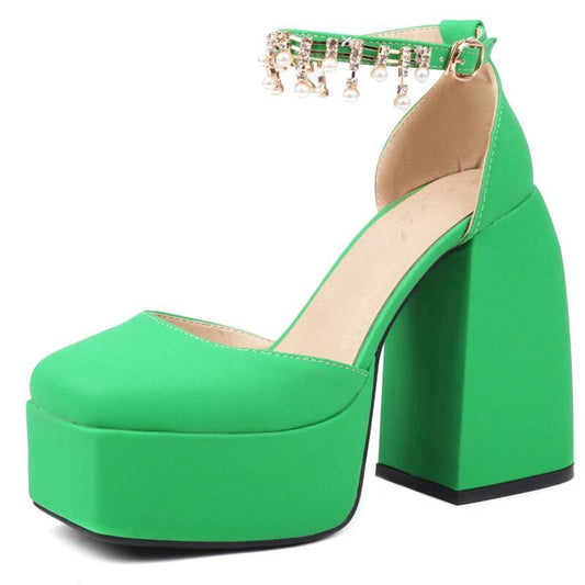 Women Sandals Square Toe Chunky Heels  Buckle Strap Beads Sexy Party Shoes Big Size