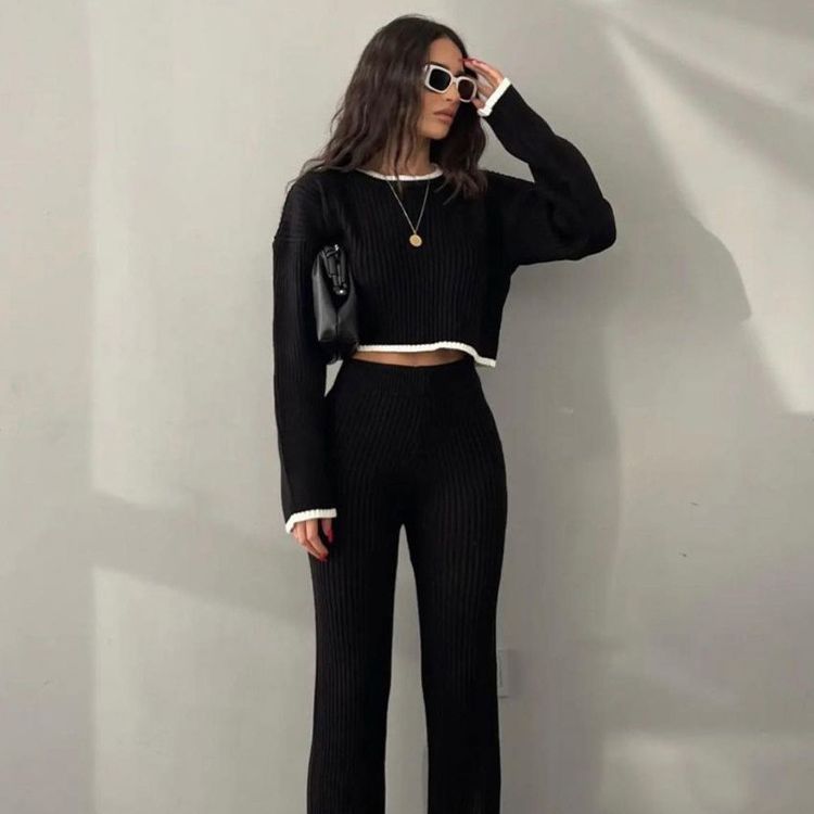 Fashion Knit Sweaters 2 Piece Sets Elegant Outfits for Women Casual Top and Pants Slit Sets Matching Sets Clothes