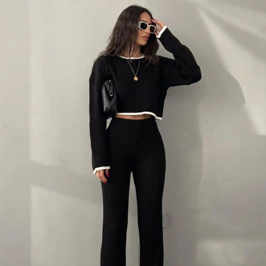 Fashion Knit Sweaters 2 Piece Sets Elegant Outfits for Women Casual Top and Pants Slit Sets Matching Sets Clothes