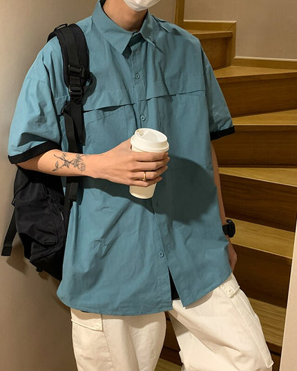Cotton Harajuku Short Sleeve Cargo Shirt Korean Fashions Designer Shirt Men Japanese Style Korean Fashions Blouses Tops