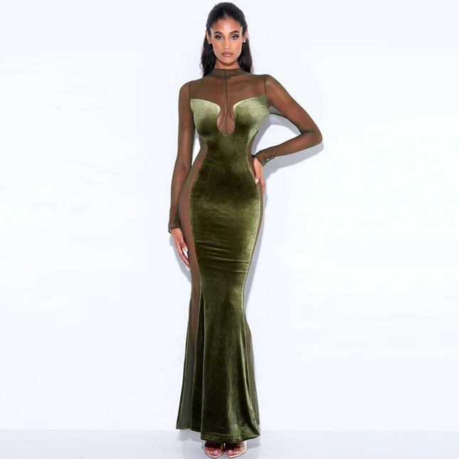 Samt-Mesh-Sheer-Langarm-Sexy-Abendkleid-Maxikleid für Frauen Mode-Outfits Rückenfreie-Kleider Party-Club-Kleidung