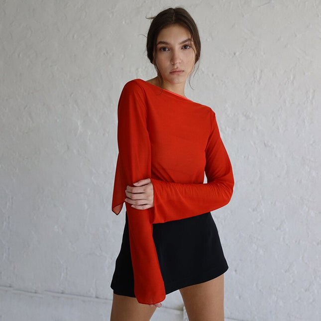 Elegante Netz- 透視-Oberteile und Blusen für Damen, sexy, Sommerhemden, Bluse mit ausgestelltem Ärmel zum Binden, Oberteile, Kleidung